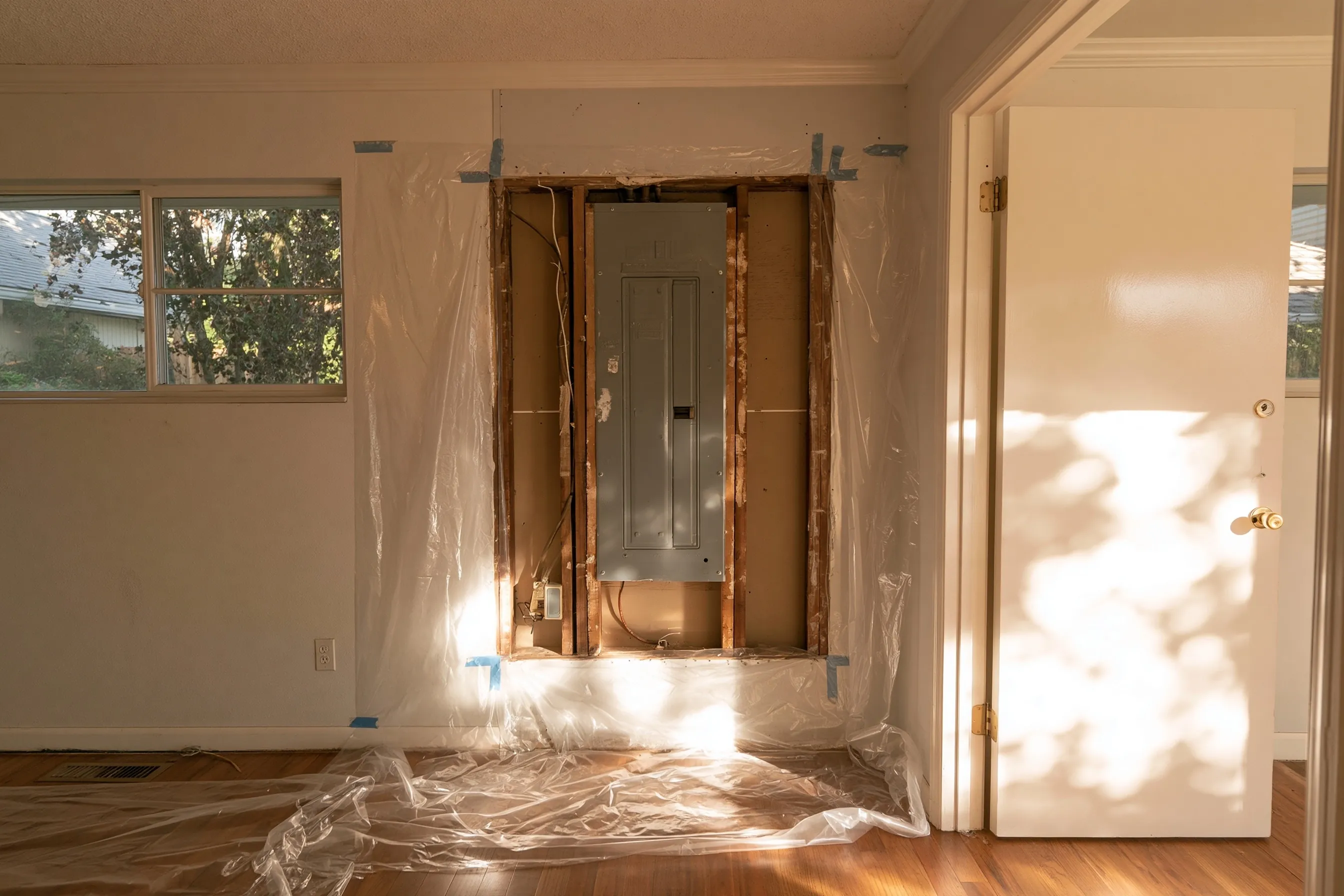 A section of wall around an old electrical panel neatly cut out, with plastic taped around the opening